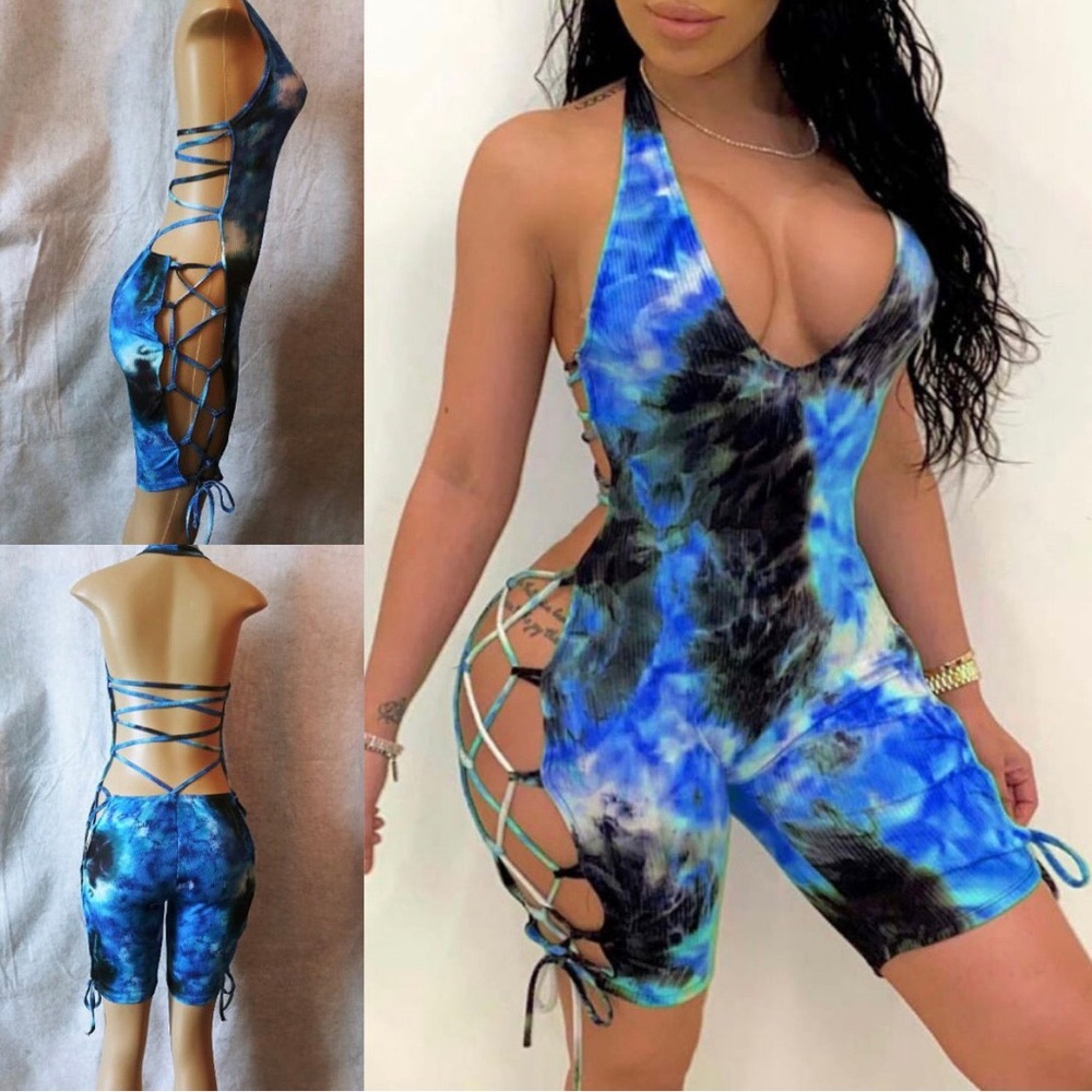 Blue Tie-Dye Lace-Up Romper